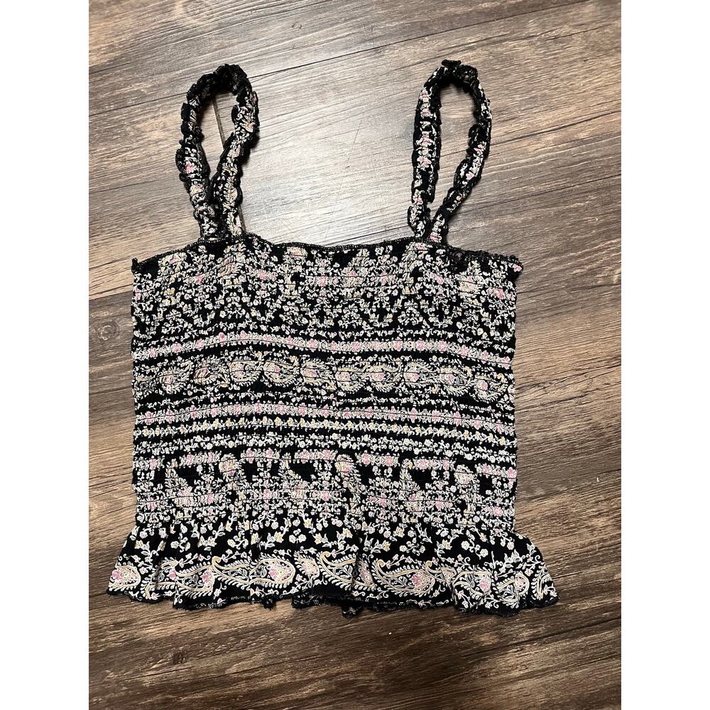 Patrons of Peace Smocked Black Floral Crop Top Boho Coquette Festival M Indie - Picture 2 of 8